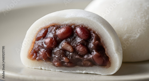Sweet Japanese Mochi Dessert Filled with Red Bean Paste, Cut in Half