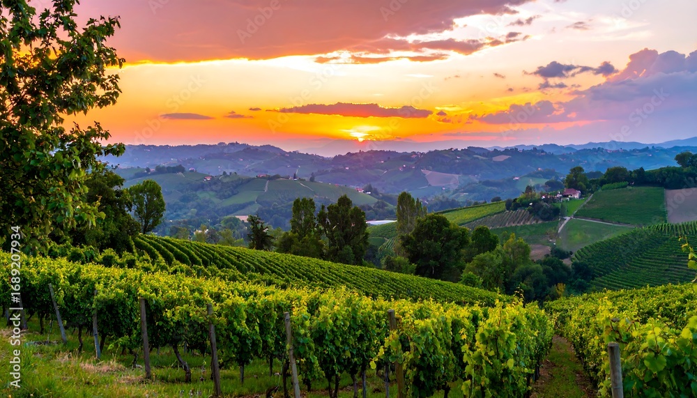 Naklejka premium Vineyard landscape at sunset (1)