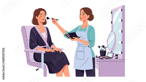 Professional makeup artist applying foundation to a client in a salon with a vanity mirror