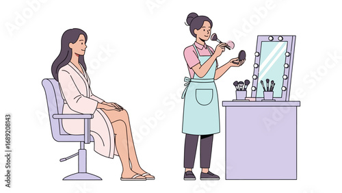 Stylist styles client s hair in salon with mirror and beauty products on vanity