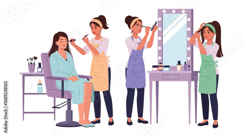 Professional makeup artists applying cosmetics to a client in a salon setting with a lighted mirror