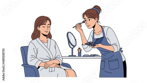 Professional makeup artist applying cosmetics to a client sitting in a chair with a mirror nearby