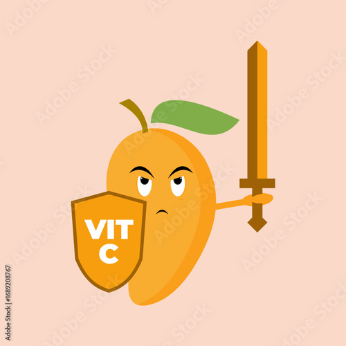 Cute mango cartoon dressed as a warrior with a sword and vitamin C shield, representing strength and immunity