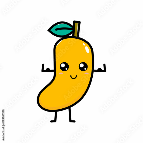 Smiling mango cartoon with cute eyes, arms, and legs, showing a playful and cheerful expression