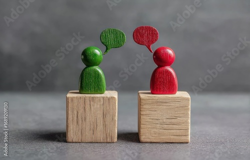 Figurines of a green & red person, on wood cubes, having a conversation represented by speech bubbles, against a gray background