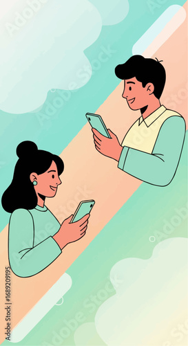 Vector illustration of a man and woman chatting on phones, symbolizing a digital connection and the modern blend of online relationships