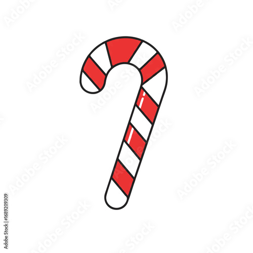 Festive candy cane with red and white stripes isolated on white, representing holiday cheer and sweet indulgence.