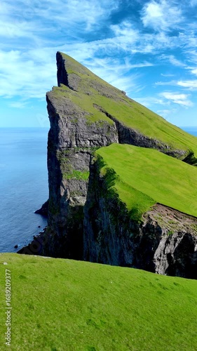 Two adventurers trek across vibrant green hills, approaching a dramatic cliff in the Faroe Islands. Mylingur cliff hiking trail