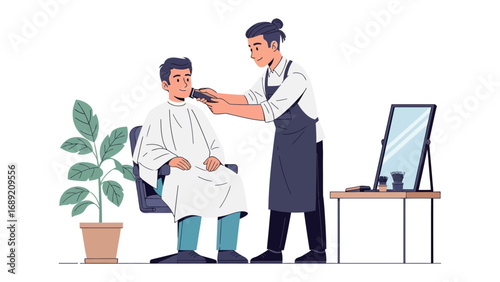 Skilled barber professionally cuts client s hair in a modern salon setting with plants and mirror