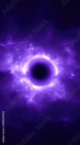 Glowing purple vortex in the darkness, framed by an aurora-like haze with brighter spots of energy; a cosmic portal or black hole, with a sense of otherworldly mystery