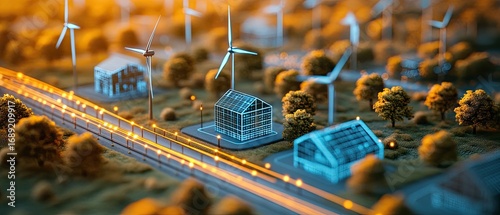 Miniature Smart Grid with Glowing Energy Lines and Holographic Houses in a Warm Sunset.