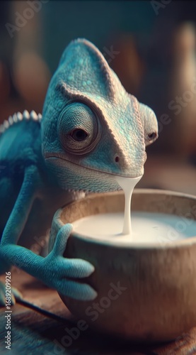 A turquoise chameleon drinks from a bowl of white liquid, with drops dribbling from its mouth against a blurred, warm-toned background