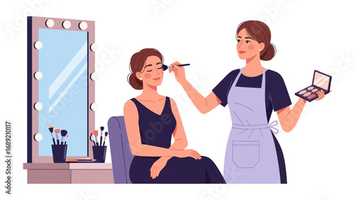 Professional makeup artist applying blush to a client s face in a well lit beauty salon with a vanity mirror