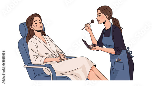 Professional makeup artist applying cosmetics to a relaxed woman seated in a comfortable chair