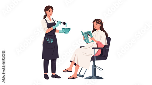 Hairdresser applying hair dye to a client sitting in a salon chair while holding a mirror