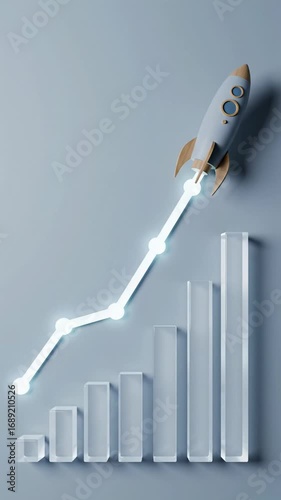 Elevated top-down video of a minimalist wooden rocket model ascending a glowing line graph with a rising bar chart, upward tracking video in a 9:16 frame. Concept of corporate progress and success