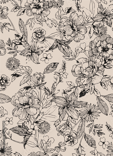 The modern blue of floral textile tropical bicolor grey and blue flower and leaves miniprint flowers geometric textile for clothes. A Seamless hand drawing pattern.