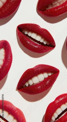 Red lips grin against a neutral backdrop, casting shadows that accent their shape, creating a playful and engaging image, with teeth gleaming within