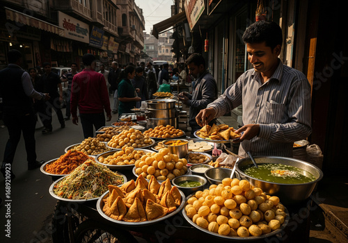 Indian street food market with vendors preparing traditional snacks and people enjoying local cuisine – vibrant scene of culture and lifestyle.