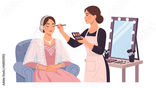 Professional makeup artist applying cosmetics to a woman in a vintage dress with a lighted mirror