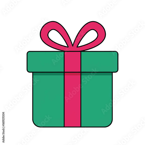 Green gift box tied with a pink ribbon sitting on a white surface, symbolizing celebration and giving during the holiday season.
