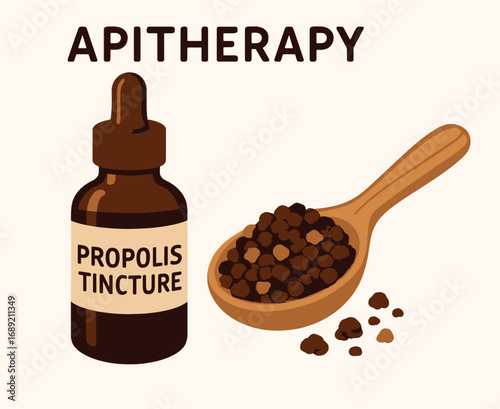 Vector of apitherapy showing a glass dropper bottle labeled propolis tincture and a wooden spoon filled with propolis granules, representing natural healing and alternative medicine.