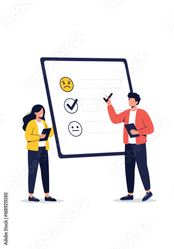 Team members collaborating on a survey or checklist evaluation meeting