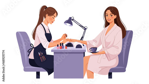 Professional nail technician carefully applying polish to a client s fingernails at a salon table
