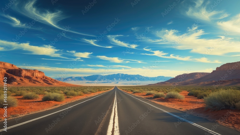 Naklejka premium Long road through desert landscape under blue sky with clouds.