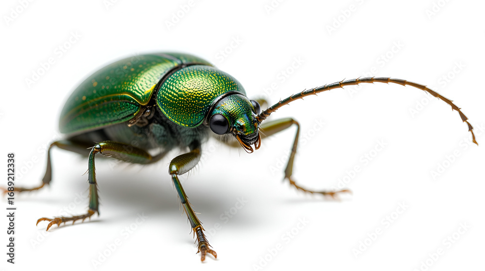Fototapeta premium Detailed green June beetle insect with glossy exoskeleton and delicate legs, macro shot, isolated on transparent or white background, png
