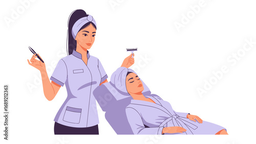 Skilled lash artist applying eyelash extensions to a relaxed client in a spa setting