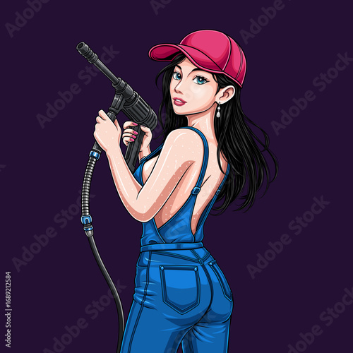 girl character a car washer holding a water gun