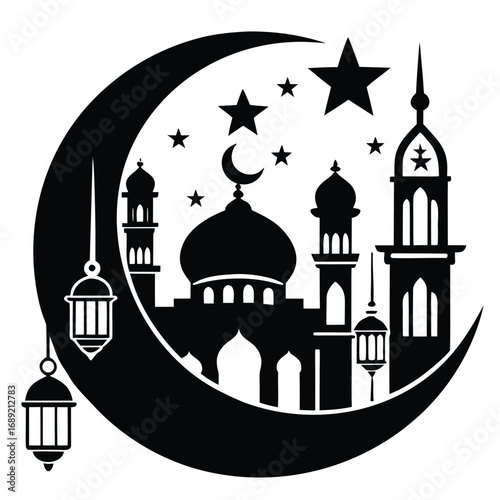 Islamic mosque and lanterns on crescent moon with stars on white Ramadan
