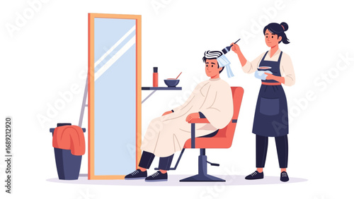 Stylist attentively cuts client s hair in a modern salon with a large mirror and professional equipment