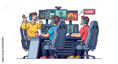 Three Gamers Streaming Live with Multiple Monitors and Gaming Chairs.