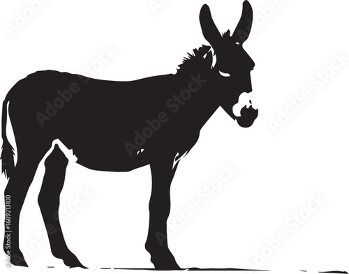 Silhouette of a standing donkey facing right with upright ears

