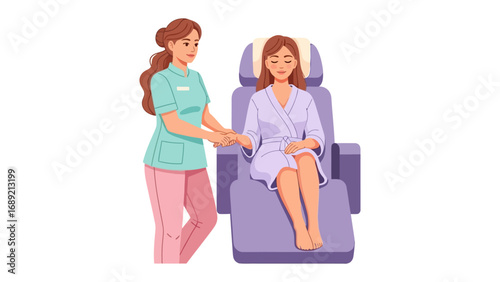 Medical professional assists a smiling patient seated in a comfortable examination chair during a consultation