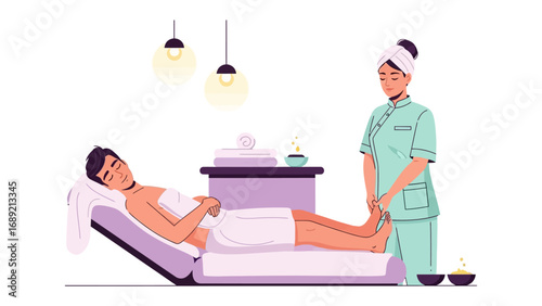 Man receiving spa treatment while attendant oversees procedure in a serene salon setting