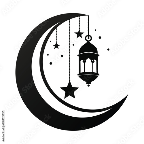 Black crescent moon with hanging lantern and stars on white background islam islamic