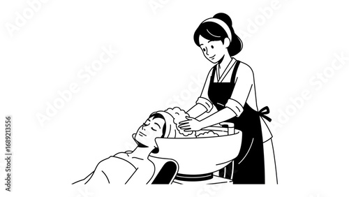 Vintage illustration depicts a woman washing another person s hair over a large basin