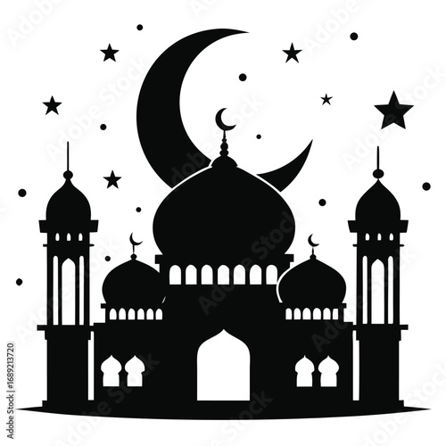 Black silhouette of mosque with crescent moon and stars on white background islam islamic