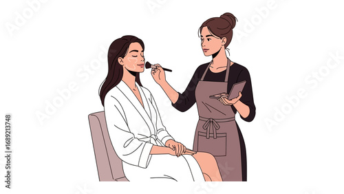 Professional makeup artist applying cosmetics to a woman wearing a white robe in a salon setting