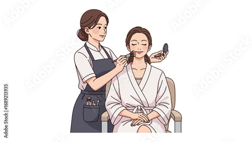 Professional makeup artist applying cosmetic products to a seated woman s face in a salon setting