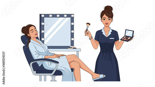 Professional makeup artist applying cosmetics to a client in a beauty salon with a lighted vanity mirror
