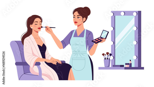 Professional makeup artist applying cosmetics to a seated client in a bright modern studio setting with a mirror