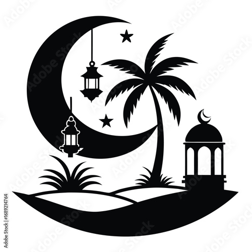 Crescent moon with palm tree and mosque on white background Ramadan Islamic