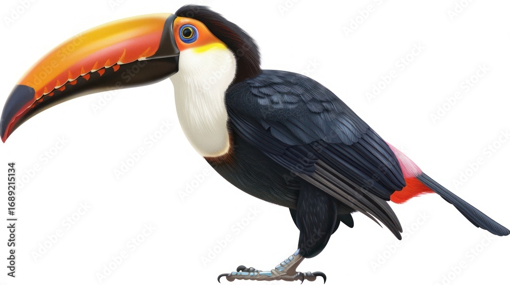 Fototapeta premium Illustrated toucan with a large, colorful beak, standing against a white background