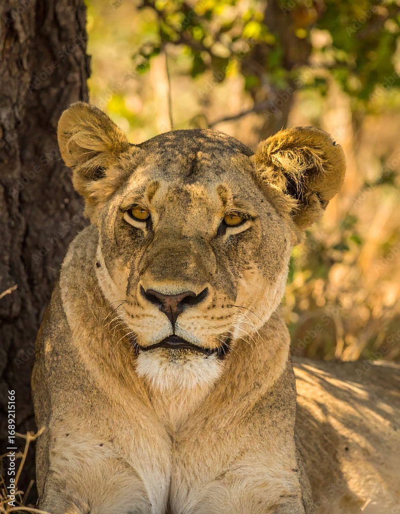Naklejka premium Lioness Portrait in African Savanna (1)