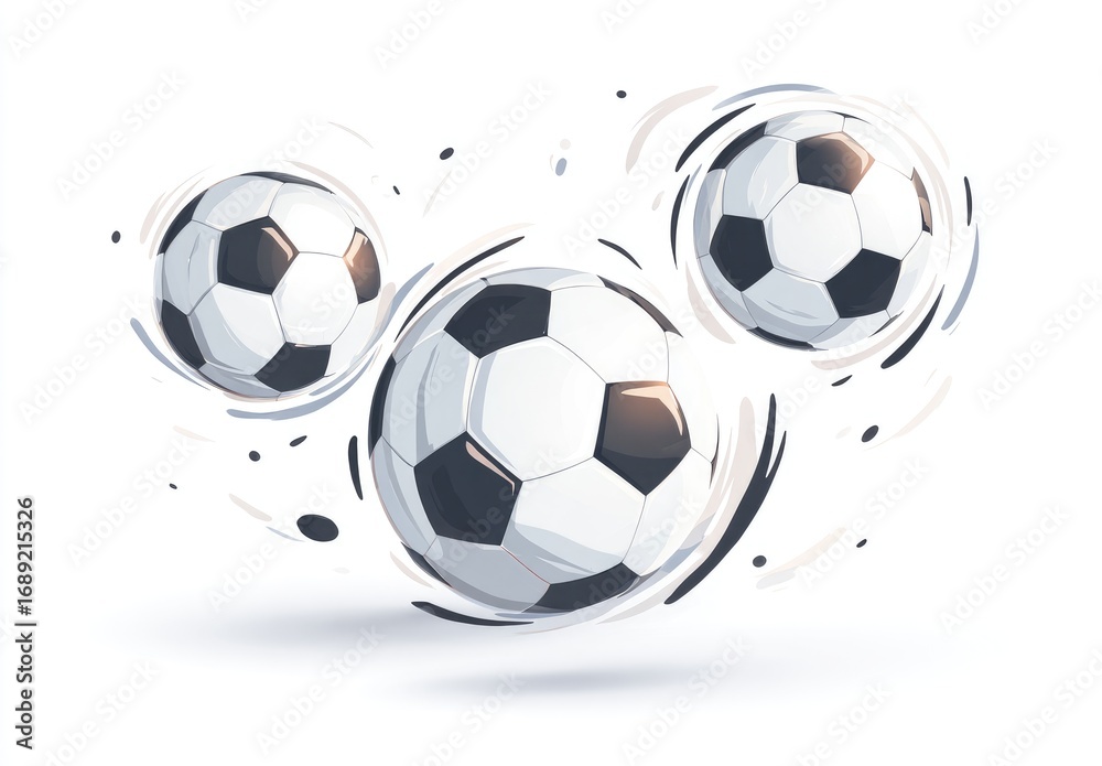 Naklejka premium Three cartoon soccer balls in dynamic motion, swirling with stylized brushstrokes and splatters against a white background, conveying speed and energy