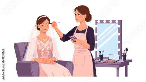 Professional makeup artist applying cosmetics to a bride before her wedding day ceremony